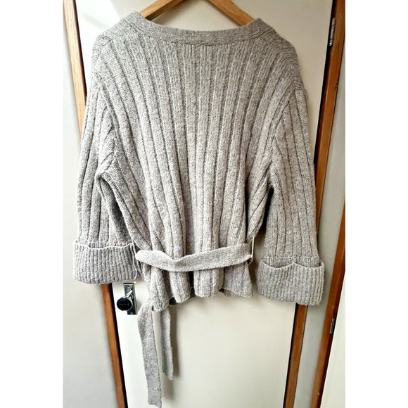 Leith Alpaca Merino Wool Blend Cardigan Womens M Bell Sleeve Ribbed Beige/Gray - Picture 2 of 5